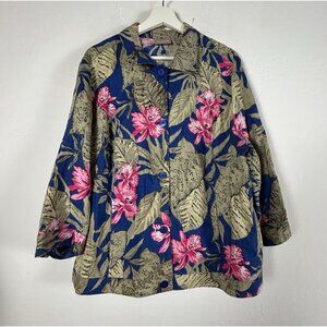 Chico's Womens Floral Linen Button-Front Jacket Size 3 Lightweight Hawaiian Blue
